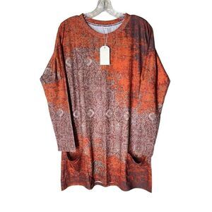 Exclusive Mandala Print Tunic Dress in Rust Long Sleeve Shift Pockets M